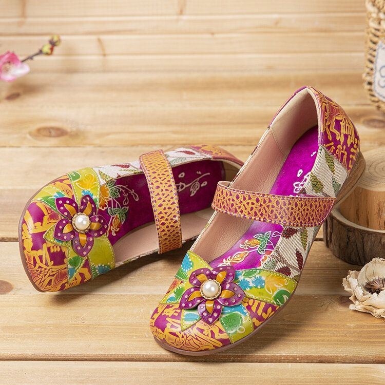 Damska Retro Flower Decor Wydrukowano Skóra Bydlęca Skóra Przeszycia Wygodne Okrągłe Toe Casual Płaskie Buty