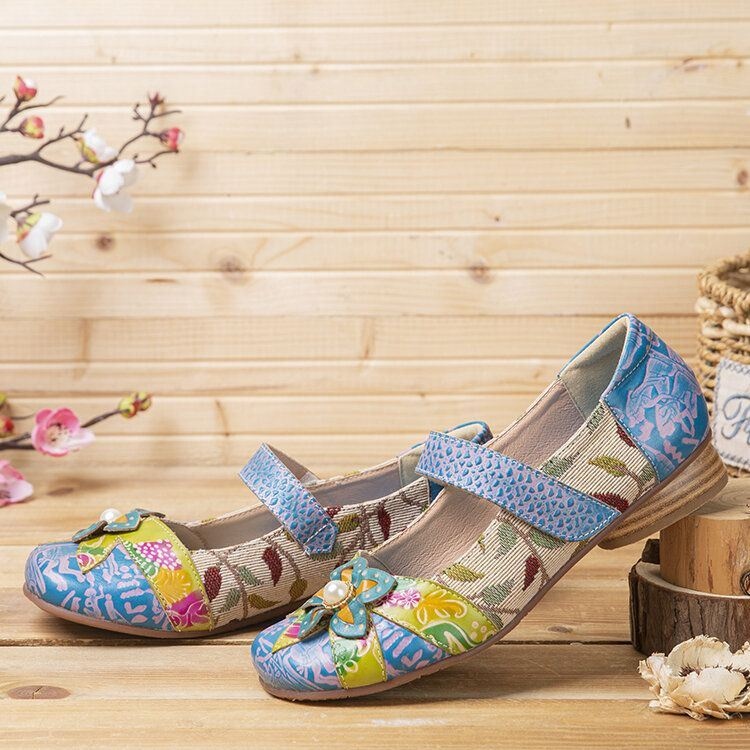 Damska Retro Flower Decor Wydrukowano Skóra Bydlęca Skóra Przeszycia Wygodne Okrągłe Toe Casual Płaskie Buty