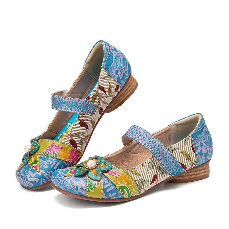 Damska Retro Flower Decor Wydrukowano Skóra Bydlęca Skóra Przeszycia Wygodne Okrągłe Toe Casual Płaskie Buty