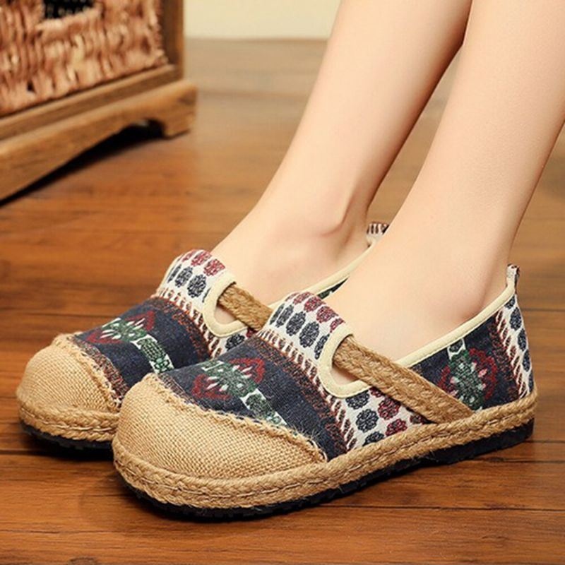 Damskie Lniane Słomkowe Wzór Casual Slip On Espadrille Płaskie Mokasyny