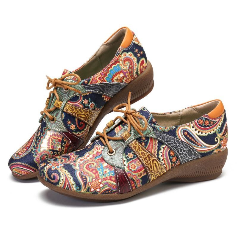 Damskie Paisley Retor Floral Łączenie Folkways Styl Okrągły Toe Sznurowane Płaskie Buty