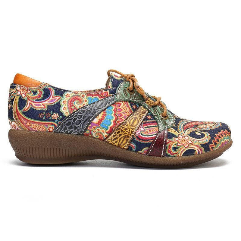 Damskie Paisley Retor Floral Łączenie Folkways Styl Okrągły Toe Sznurowane Płaskie Buty