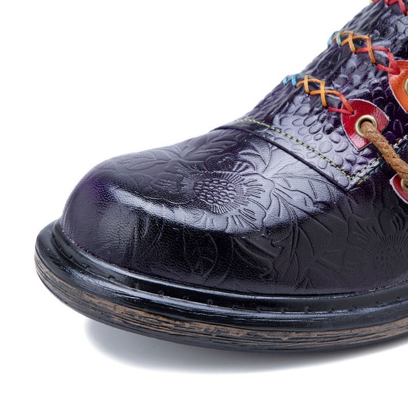 Damskie Retro Etniczne Mokasyny Buty Drukowane Tłoczone Połatane Przeszycia Skórzane Boczne Zamki Mieszkania