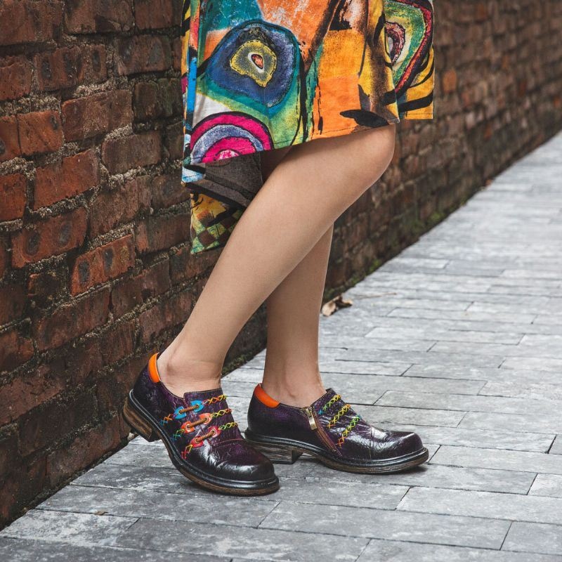 Damskie Retro Etniczne Mokasyny Buty Drukowane Tłoczone Połatane Przeszycia Skórzane Boczne Zamki Mieszkania