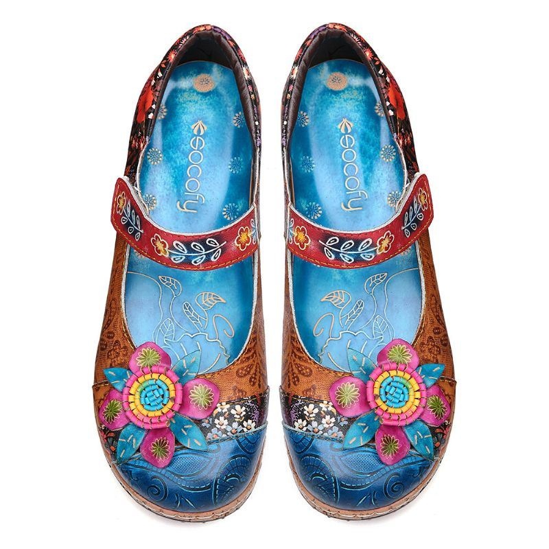 Damskie Retro Kwiatowe Łączenie Kwiatowe Prawdziwej Skóry Hook Loop Płaskie Buty