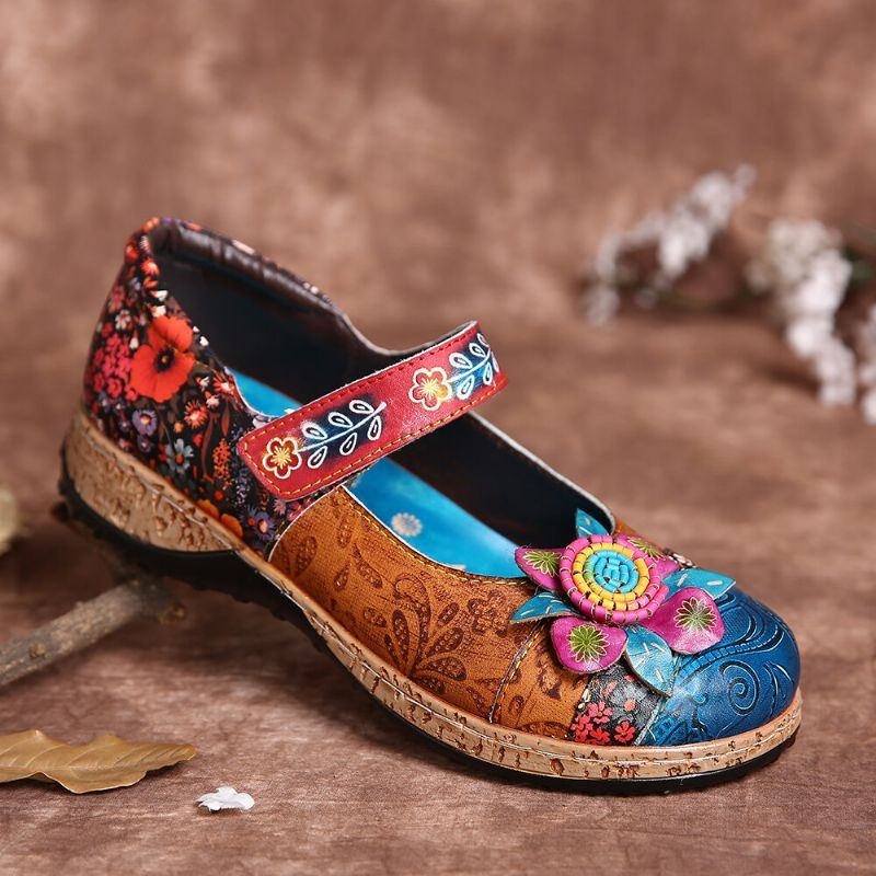 Damskie Retro Kwiatowe Łączenie Kwiatowe Prawdziwej Skóry Hook Loop Płaskie Buty