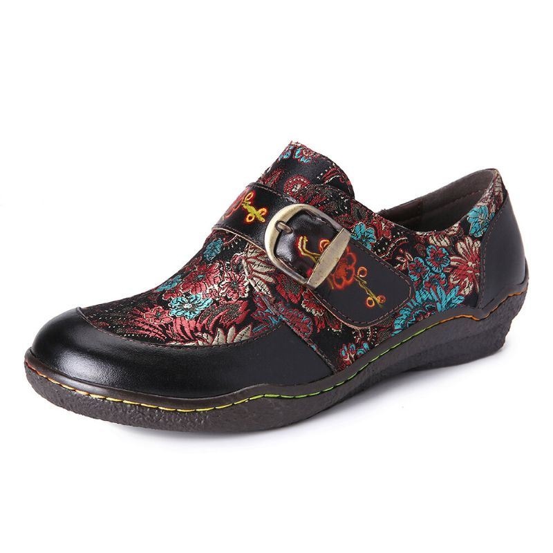 Damskie Retro Kwiaty Hafty Skórzane Tłoczone Plum Blossom Klamra Slip On Płaskie Buty