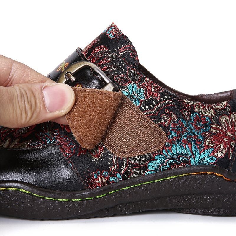 Damskie Retro Kwiaty Hafty Skórzane Tłoczone Plum Blossom Klamra Slip On Płaskie Buty