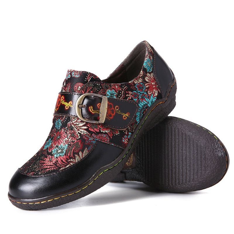 Damskie Retro Kwiaty Hafty Skórzane Tłoczone Plum Blossom Klamra Slip On Płaskie Buty