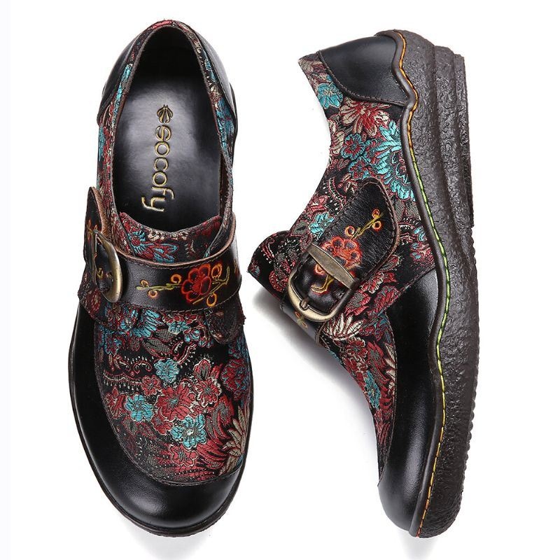 Damskie Retro Kwiaty Hafty Skórzane Tłoczone Plum Blossom Klamra Slip On Płaskie Buty