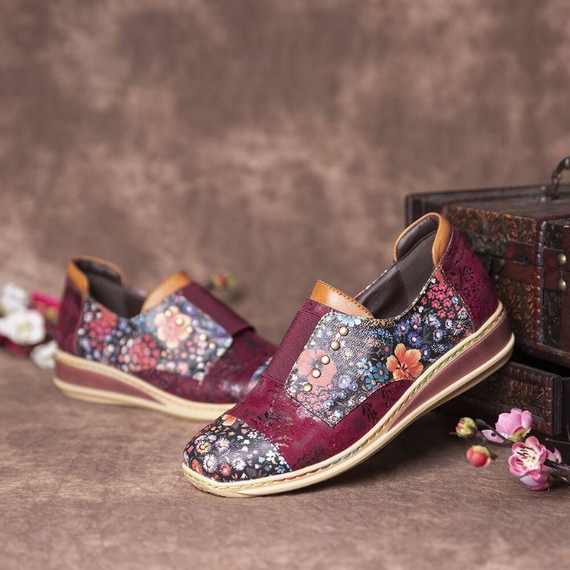 Damskie Retro Łączenie Małe Kwiaty Prawdziwej Skóry Płaskie Buty Na Suwak