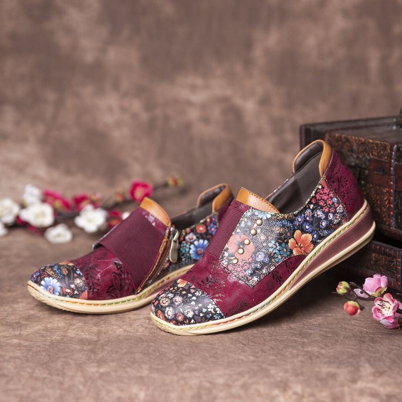 Damskie Retro Łączenie Małe Kwiaty Prawdziwej Skóry Płaskie Buty Na Suwak