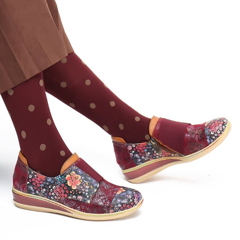 Damskie Retro Łączenie Małe Kwiaty Prawdziwej Skóry Płaskie Buty Na Suwak