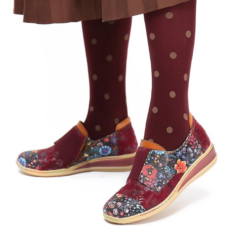 Damskie Retro Łączenie Małe Kwiaty Prawdziwej Skóry Płaskie Buty Na Suwak