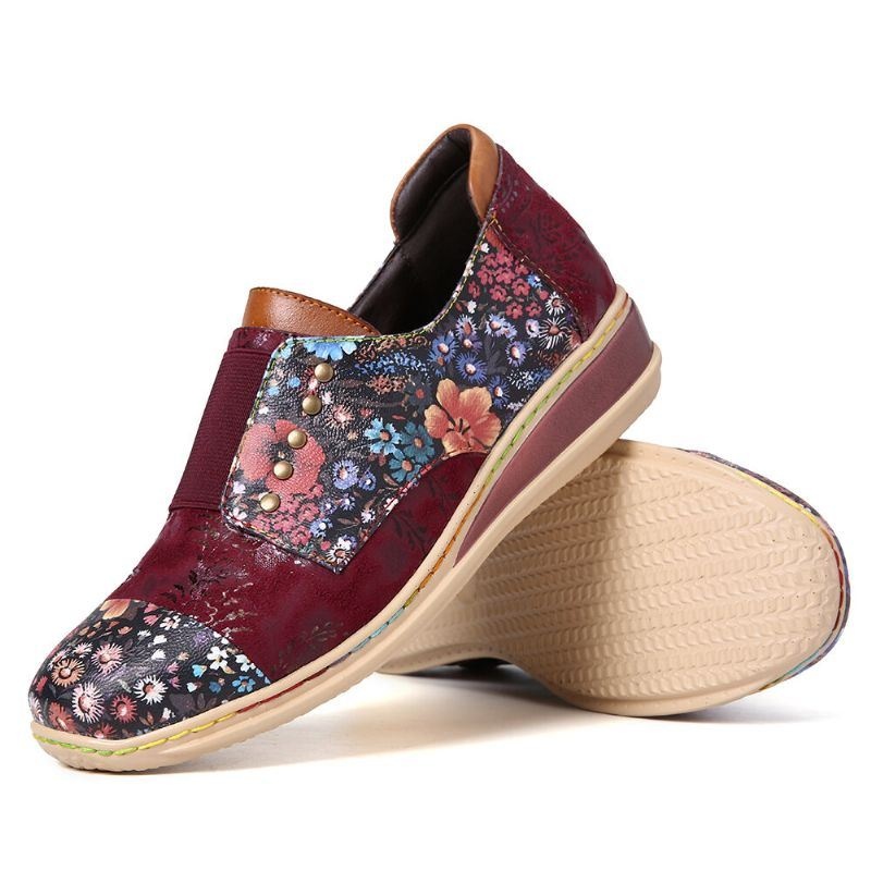 Damskie Retro Łączenie Małe Kwiaty Prawdziwej Skóry Płaskie Buty Na Suwak