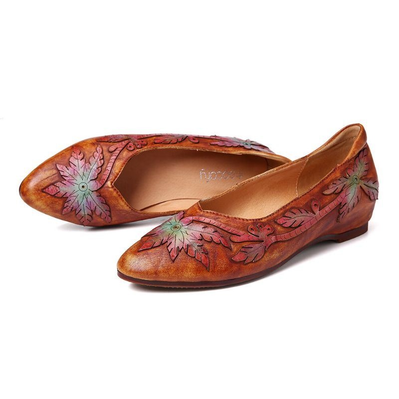 Damskie Retro Łączenie Winorośli Wygodne Prawdziwej Skóry Pointed Toe Slip On Flat Shoes