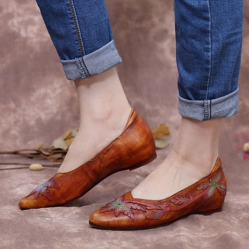 Damskie Retro Łączenie Winorośli Wygodne Prawdziwej Skóry Pointed Toe Slip On Flat Shoes