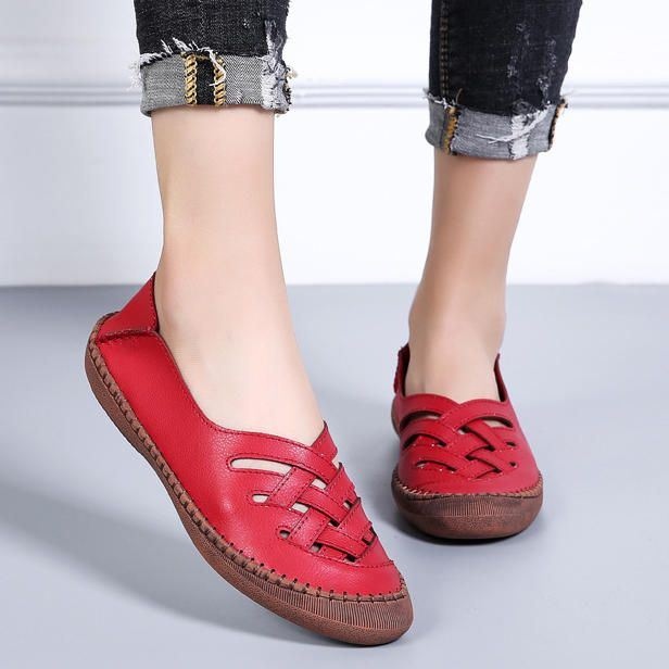 Kobiety Prawdziwej Skóry Oddychające Plus Size Hollow Spring Casual Mieszkania Mokasyny