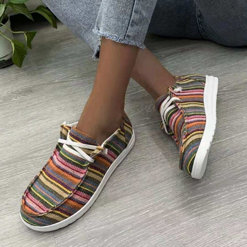 Kobiety W Dużych Rozmiarach Druk W Paski Leopard Canvas Elastyczna Opaska Zasznurować Płaskie Buty Na Co Dzień