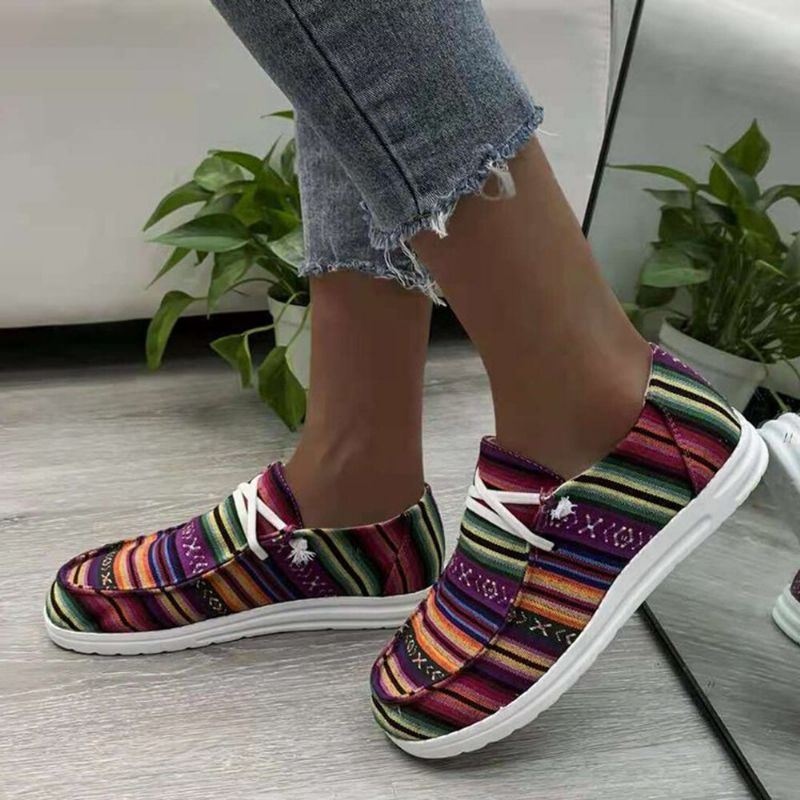 Kobiety W Dużych Rozmiarach Druk W Paski Leopard Canvas Elastyczna Opaska Zasznurować Płaskie Buty Na Co Dzień