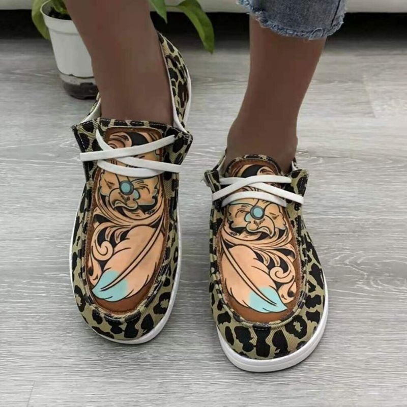 Kobiety W Dużych Rozmiarach Druk W Paski Leopard Canvas Elastyczna Opaska Zasznurować Płaskie Buty Na Co Dzień