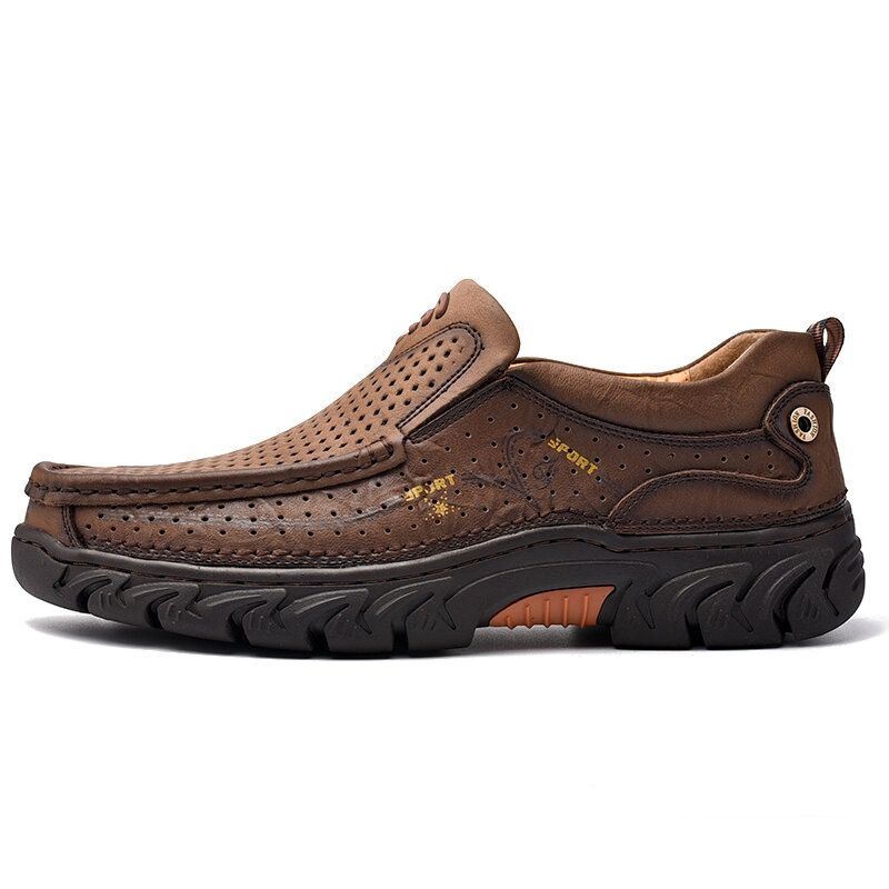 Mężczyźni Skóra Bydlęca Hollow Antypoślizgowe Outdoor Business Casual Slip On Leather Shoes