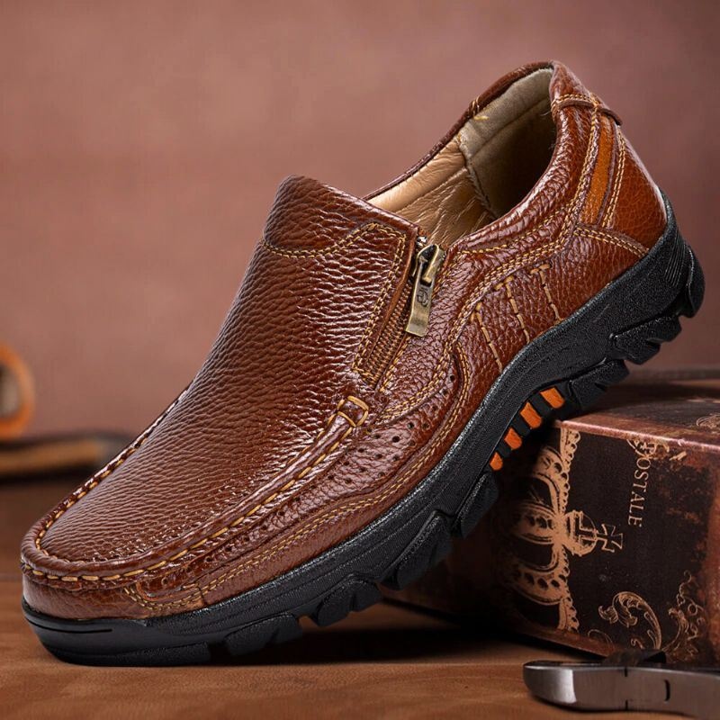 Męska Skóra Bydlęca Oddychająca Miękka Podeszwa Slip On Wygodne Buty W Stylu Angielskim Z Zamkiem Błyskawicznym