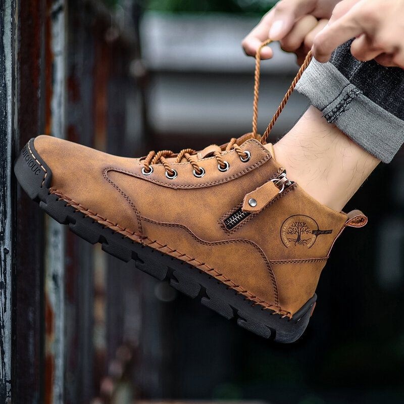 Męskie Skórzane Szwy Ręczne Oddychająca Miękka Podeszwa Krótkie Pure Color Zipper Lace Up Casual Shoes