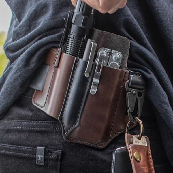 Mężczyźni Prawdziwej Skóry Multitool Latarka Klucz Długopis Organizator Biegów Torba Na Pas Biodrowy
