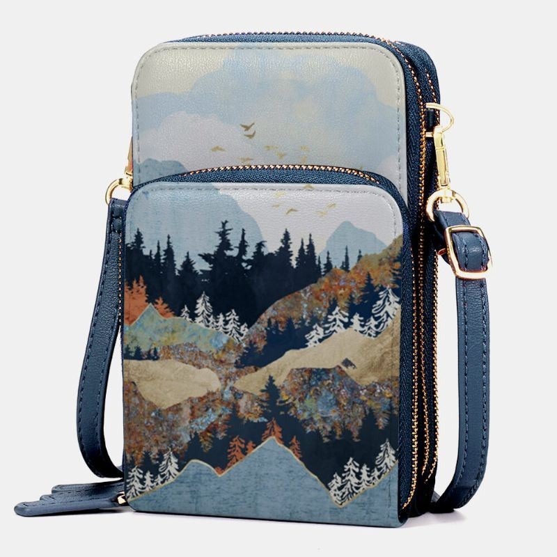 Damska Faux Leather Ladies Mountain Treetop Print Bag Torba Na Telefon 6.3 Cala Crossbody Bag