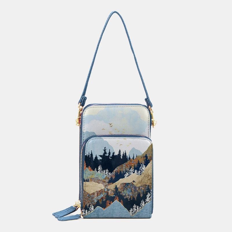 Damska Faux Leather Ladies Mountain Treetop Print Bag Torba Na Telefon 6.3 Cala Crossbody Bag