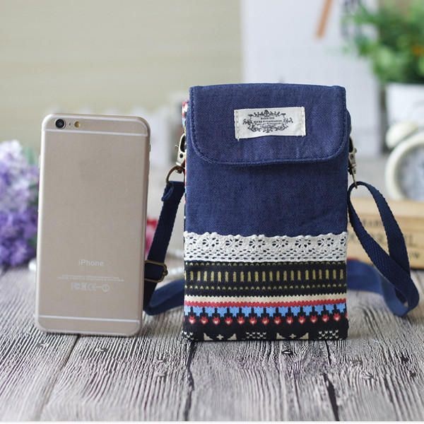 Kobiety Denim Trzy Przekładki Kwiatowy Nadruk Mini Torby Na Ramię Koronkowe Torby Crossbody 6.0 Cala Torba Na Telefon
