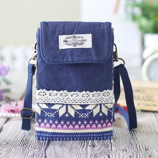 Kobiety Denim Trzy Przekładki Kwiatowy Nadruk Mini Torby Na Ramię Koronkowe Torby Crossbody 6.0 Cala Torba Na Telefon