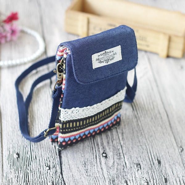Kobiety Denim Trzy Przekładki Kwiatowy Nadruk Mini Torby Na Ramię Koronkowe Torby Crossbody 6.0 Cala Torba Na Telefon