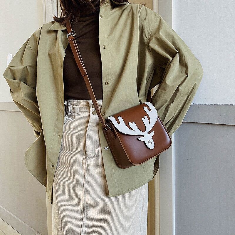 Kobiety Faux Leather Kontrastowy Kolor Wzór Z Łosiem Bożonarodzeniowym Mała Kwadratowa Torba Torba Na Ramię Crossbody Bag