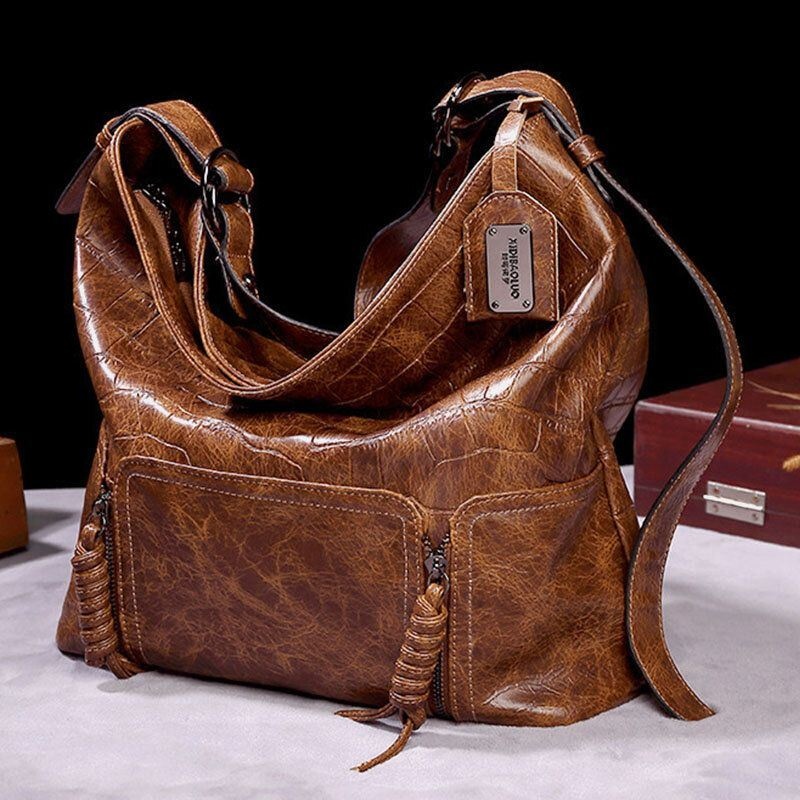 Kobiety Vintage Faux Leather Torba Na Wiadro O Dużej Pojemności Solid Color Crossbody Bag