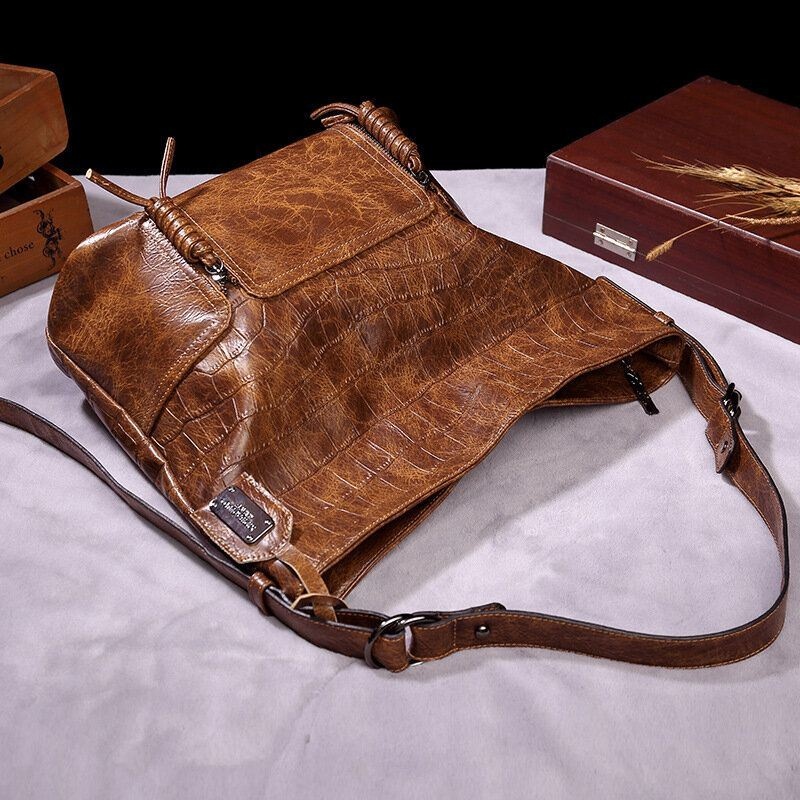 Kobiety Vintage Faux Leather Torba Na Wiadro O Dużej Pojemności Solid Color Crossbody Bag