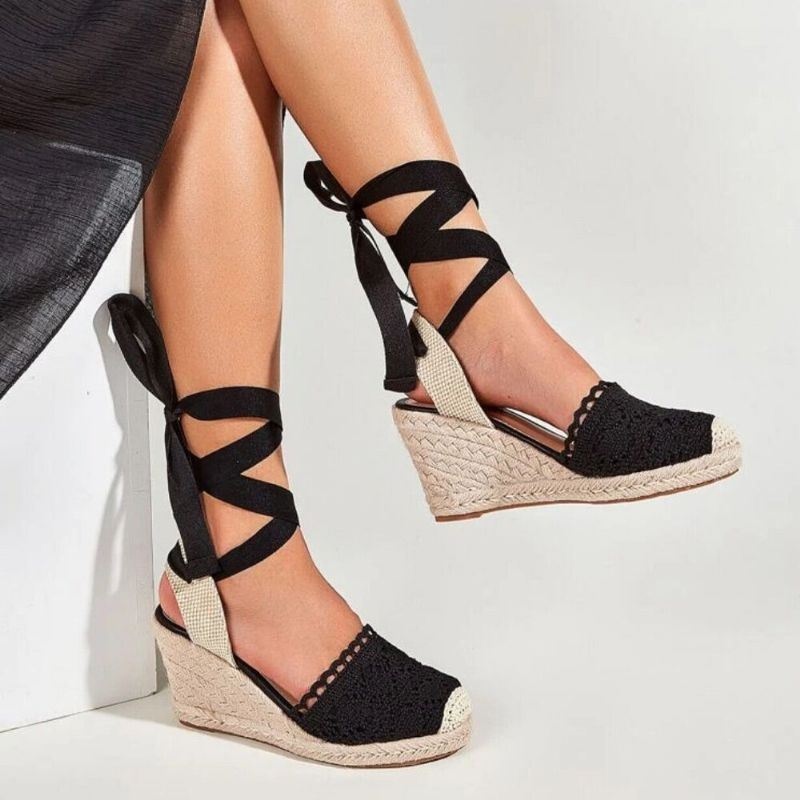 Kobiety Casual Lace Closed Toe Cross Strap Espadrille Kliny