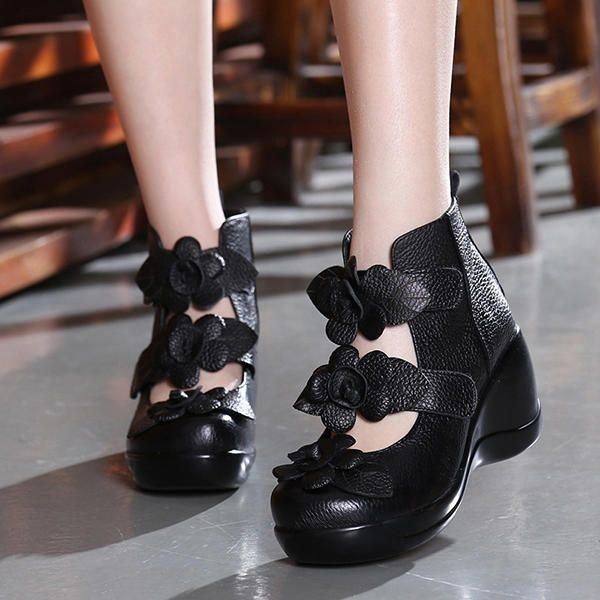 Kobiety Z Prawdziwej Skóry W Kwiaty Retro Hook Loop Platporm Shoes