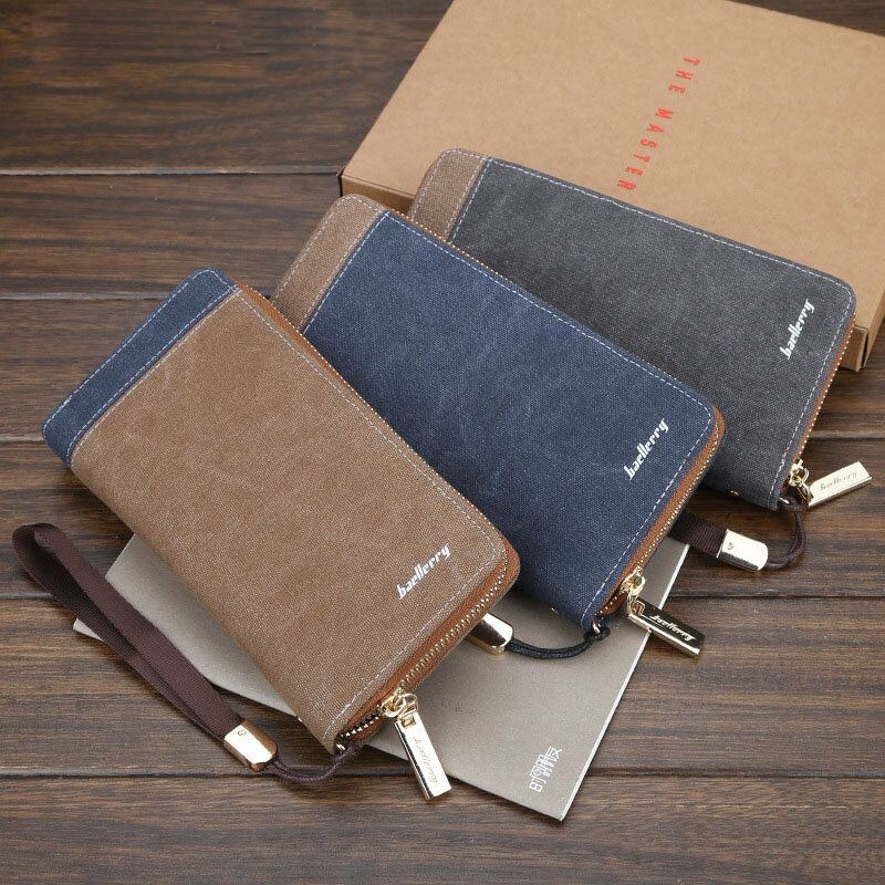 Mężczyźni Canvas Bifold Długie Wielogniazdowe Etui Na Karty Etui Na Telefon Portfel Torebka