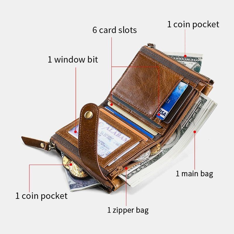 Mężczyźni Prawdziwej Skóry Antymagnetyczny Portfel Torebka Bifold Podwójny Zamek Portmonetka Etui Na Karty