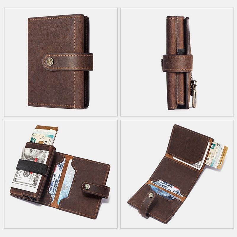 Mężczyźni Retro Trifold Blokujący Antymagnetyczny Portfel Prawdziwej Skóry 9 Posiadacz Karty Slot Na Karty Portmonetka