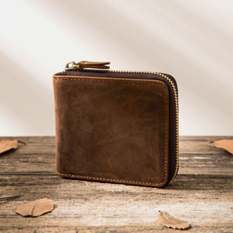 Męska Torba Na Monety W Stylu Vintage Z Prawdziwej Skóry Na Zamek Błyskawiczny Wokół Portfela Na Karty