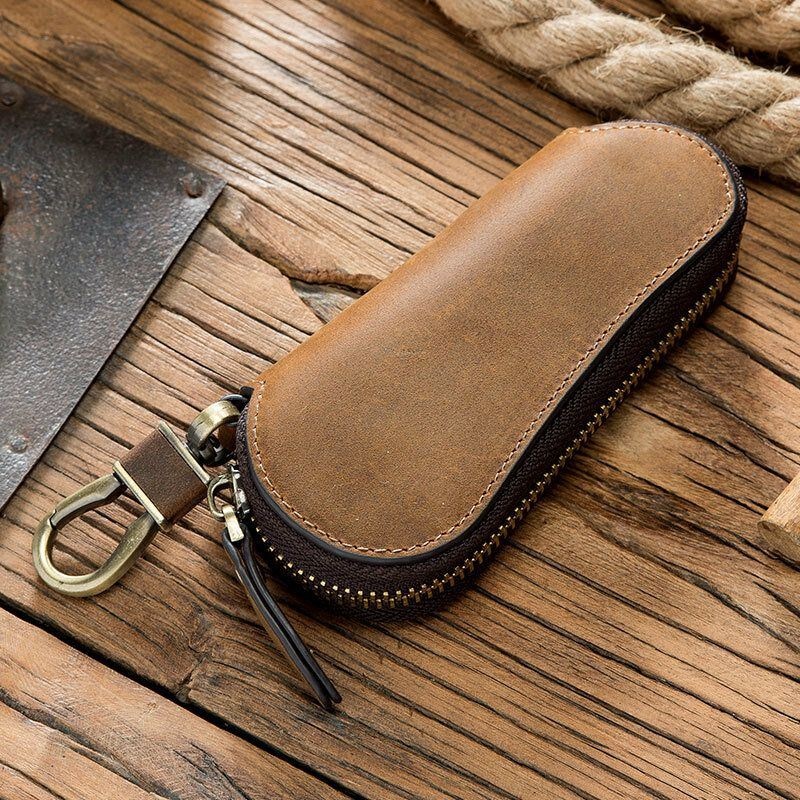Męskie Przenośne Wielofunkcyjne Etui Na Klucze Samochodowe Retro Portfele Z Prawdziwej Skóry Na Zamek Z Haczykiem