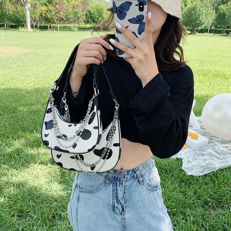 Kobiety Cow Pattern Casual Stylowa Torebka Na Ramię Z Łańcuszkiem