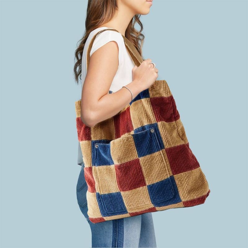 Kobiety Dopasowujące Kolor O Dużej Pojemności Sztruksowa Torba W Kratę Przednia Kieszeń Torebka Na Ramię W Stylu Vintage
