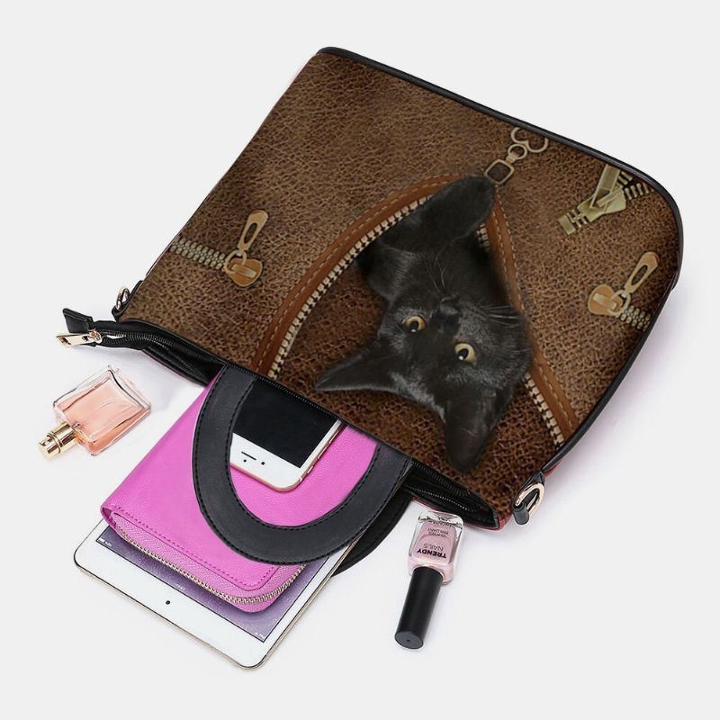 Kobiety Faux Leather Cartoon Black Cat Pattern Multi-carry Torebka Crossbody Torba Satchel Bag