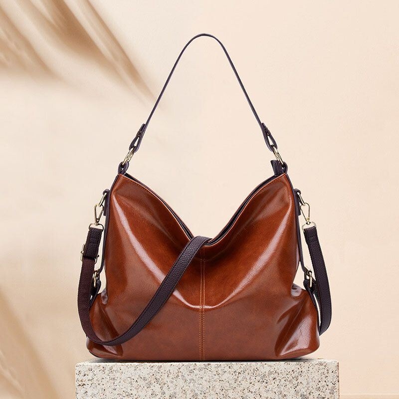 Kobiety Faux Leather Retro Fashion Duża Woskowana Skóra Pojemność Torebka Torba Na Ramię Tote