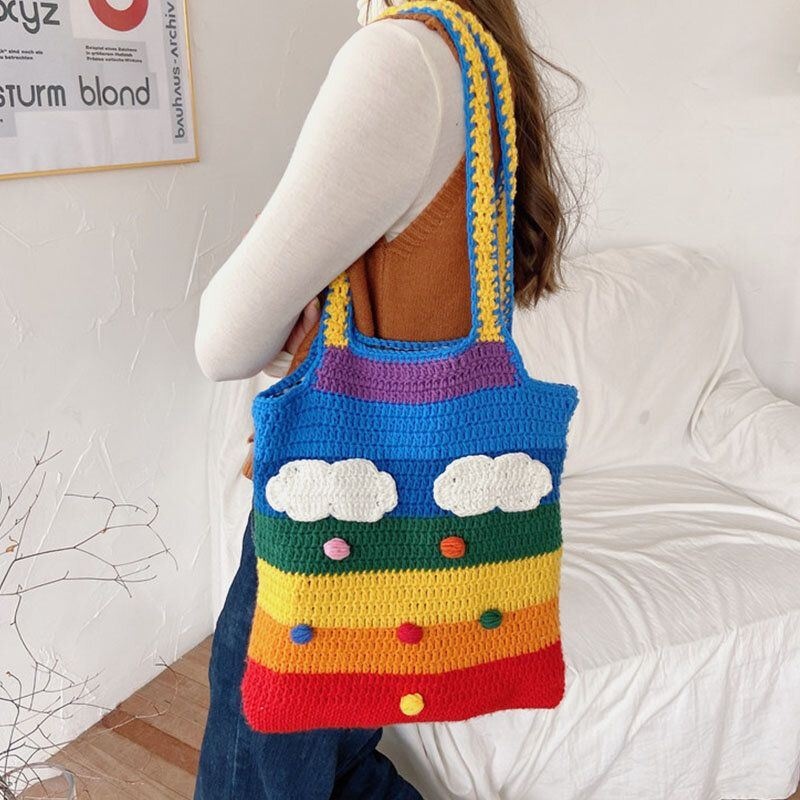Kobiety Rainbow Stripe Cartoon Cute Casual Youth Wełniana Torba Z Dzianiny Torebka Tote Crossbody Bag