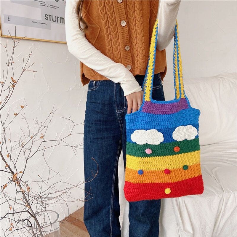 Kobiety Rainbow Stripe Cartoon Cute Casual Youth Wełniana Torba Z Dzianiny Torebka Tote Crossbody Bag